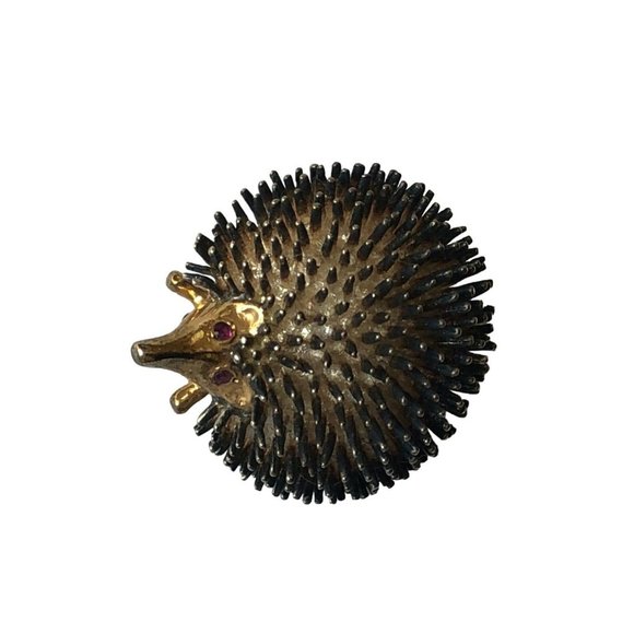 Vintage Hedgehog Brooch Pin Sterling Silver Faux Gold 1" x 1" Marked - Picture 2 of 11